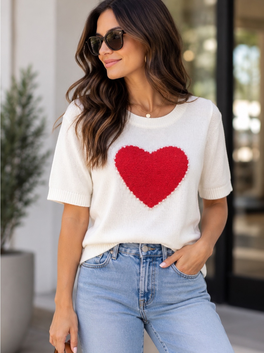 POL Cream Knit Heart Sweater Top Size Small Red Heart Short Sleeve